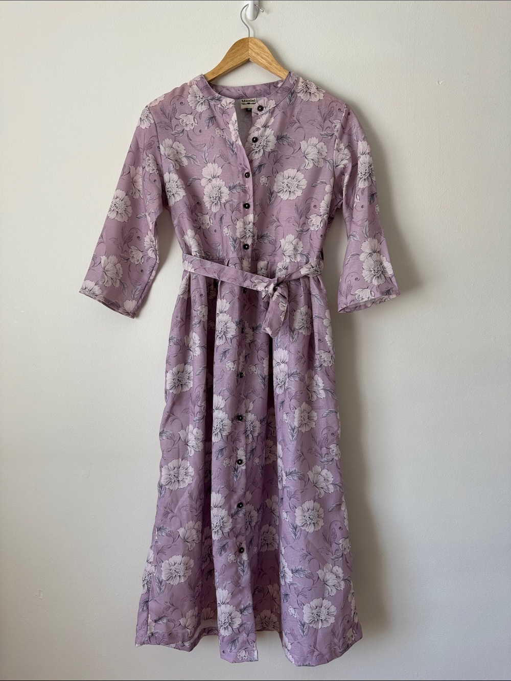 Manini Lilac Floral Button-Front Maxi Dress with Belt Size Medium with Pockets